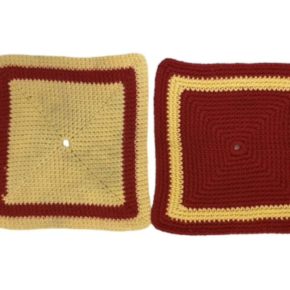 Vintage Hand Crocheted Potholders Set of 2 - Red & Cream Yellow - 10” Square